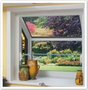 Garden window with pots arranged on it and a view of a natural landscape